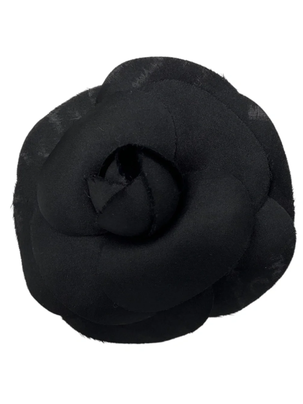 CHANEL BLACK CAMELLIA SILK BROOCH